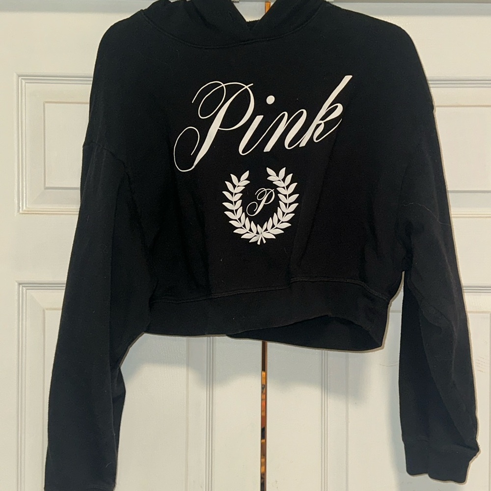 PINK Victoria's Secret Black Cropped Hoodie with White Script and Wreath